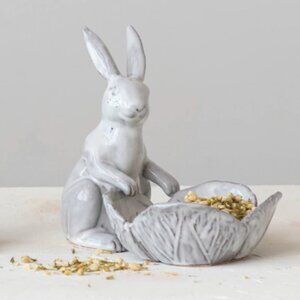 Stoneware Rabbit with Flower-Shaped Bowl Set